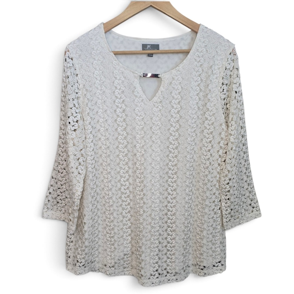 JM Collection Top Womens XL Ivory Floral Lace Overlay Keyhole Neck Blouse